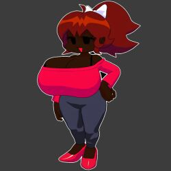 2d african_female ai_generated big_ass black_bra black_pants breasts breasts_bigger_than_head cleavage clothed covered_nipples dark-skinned_female ebony female female_only friday_night_funkin girlfriend_(friday_night_funkin) highheels huge_breasts no_artist ponytail race_edit race_swap red_shirt revealing_clothes shortstack smiling solo tagme thick_thighs white_bow wide_hips