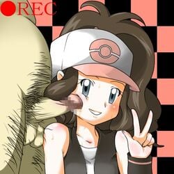 baseball_cap brown_hair censored fat_man female gray_eyes hairy hat hilda_(pokemon) human human_only lowres male mosaic_censoring nintendo penis penis_on_cheek penis_on_face penis_poking_cheek pokemon pokemon_bw pubic_hair smile straight v