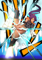 bleach censored dark-skinned_female dark_skin lightning pubic_hair sanadura shihouin_yoruichi torn_clothes