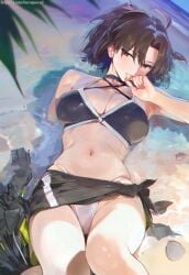 ahoge bare_shoulders bikini black_bikini black_eyes black_hair blush breasts fate/grand_order fate_(series) female hand_up highres large_breasts looking_at_viewer lying misaka_12003-gou mismatched_bikini navel on_back outdoors paid_reward_available parted_lips ryougi_shiki ryougi_shiki_(swimsuit_mooncancer)_(first_ascension) seashell shell short_hair stomach swimsuit twitter_username