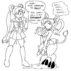 2girls bishoujo_senshi_sailor_moon breast_udders chibi_usa cow_girl female female_only hooves lactation milk no_color p.chronos pointy_ears sailor_chibi_moon sailor_moon sequence tail torn_clothes transformation udders usagi_tsukino