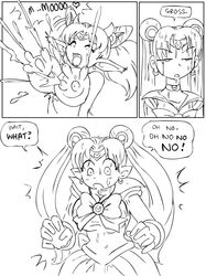 2girls bishoujo_senshi_sailor_moon bovine breast_expansion breast_udders chibi_usa cow_girl drawn female female_only milk monochrome p.chronos pointy_ears sailor_chibi_moon sailor_moon sequence sequential surprised tail transformation udders usagi_tsukino