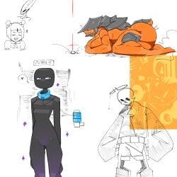 4girls armored_female charger_(helldivers) enderman enderwoman escale gradient_body halo heart_symbol helldivers helldivers_2 hornet_(hollow_knight) leash leash_and_collar leashed_collar leashed_female minecraft muffet multiple_girls naked naked_female name_tag no_visible_genitalia orange_body purple_eyes simple_background simple_shading skull speech_bubble terminid