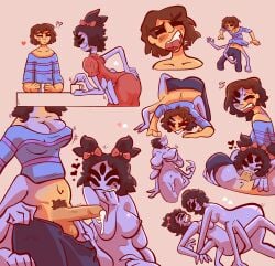 1boy 1girls 2girls black_hair blowjob blue_skirt blush body_copy bow_in_hair breast_expansion breast_growth breast_squish breasts brown_hair bug bug_girl cleaned cleavage_overflow clonecest cum cum_drip expansion fang_out fangs fellatio female frisk frisk_(undertale) fully_clothed futa_on_female futanari gender_transformation heart_symbol intersex jeans lavender_skin limb_growth male male_frisk mind_alteration morbiosussy mtf_transformation muffet muffetification nipple_bulge oral_sex pants_down pov_crotch precum purple_skin red_dress red_eyes selfcest skin_color_change skindentation species_transformation spider_girl sweat thigh_expansion transformation transformation_sequence twinning undertale yellow_skin