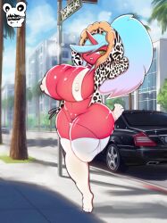animal_print anthro barefoot blue_hair blue_sky building car city clouds day demon_girl fangs female green_eyes grin hoodie horn huge_ass huge_breasts kneesocks_daemon leg_up leopard_print long_hair looking_back navel nipples open_hoodie outdoors palm_tree panty_&_stocking_with_garterbelt ponytail puffy_nipples red_skin sharp_teeth shortstack sidewalk sign single_horn standing standing_on_one_leg street street_sign tail thick_thighs thong urbanica white_thighhighs wide_hips yellow_sclera