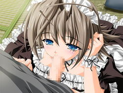 1boy 1girls artist_request blue_eyes blush breasts brown_hair character_request clothing copyright_request fellatio game_cg looking_at_viewer looking_up maid maid_uniform oral penis short_hair straight white_skin