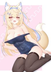 absurdres animal_ear_fluff animal_ears black_thighhighs blonde_hair blue_hair breasts cleavage clothes_pull dog_ears dog_girl dog_tail female fuwawa_abyssgard hair_ornament highres hololive hololive_english honon large_breasts long_hair multicolored_hair nipples one-piece_swimsuit one-piece_swimsuit_pull pink_eyes school_swimsuit solo swimsuit tail thighhighs two_side_up virtual_youtuber