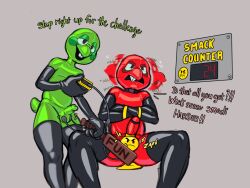 2025 armwear avian ballbusting balls beak bird black_collar bondage bound clothing cock_and_ball_torture collar dialogue duo electrostimulation english_text erection funballs genital_torture genitals green_clothing greeny_fun grumpy_fun hi_res latex latex_armwear latex_clothing latex_legwear legwear owy paddle penis red_clothing simple_background struggling text torture