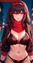 ai ai_art ai_generated anime bangs bangs_hair black_bra black_hair black_hair_female black_jacket black_panties bra breasts city city_background clip crossed_bangs dark_environment elsacorinthiana female female_only female_solo gloves hair_between_eyes hairband horn_hairband horns horny horny_face horny_female huge_boobs huge_breasts jacket lingerie_only long_hair lucia_(punishing:_gray_raven) neon_lights night nudism nudity outdoor outdoors panties patreon patreon_exclusive patreon_link patreon_logo patreon_reward patreon_url patreon_username punishing:_gray_raven red_bow red_eyes red_eyes_female red_horns red_scarf scarf seductive seductive_pose semi-naked semi-nude semi_naked semi_nude sfw solo_female solo_woman standing two-colored_hair two_colored_hair woman_only woman_solo