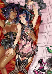 2girls artist_request bleach breasts corset dark-skinned_female dark_skin female female_only lowres mitsuka-0721 multiple_girls nipples sadistic_mary shihouin_yoruichi soifon