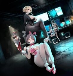 5girls ade_(agent_bunny)_(nikke) ade_(nikke) animal_ears bay_(nikke) bay_(radiant_rabbit)_(nikke) black_choker black_hair black_jacket blurry bow bowtie breast_curtains breasts bun_with_braided_base choker clothing_cutout clover_hair_ornament collared_shirt colored_inner_hair crossed_legs depth_of_field elbow_gloves exia_(hacker_rabbit)_(nikke) exia_(nikke) fishnet_pantyhose fishnets four-leaf_clover_hair_ornament game_cg gloves goddess_of_victory:_nikke green_eyes grey_hair hair_ornament headset high_heels highleg highleg_leotard huge_breasts indoors jacket leotard looking_at_viewer low_twintails milk_(blooming_bunny)_(nikke) milk_(nikke) monitor multicolored_hair multiple_girls navel_cutout non-web_source off-shoulder_shirt off_shoulder official_alternate_costume official_art pantyhose pasties pink_nails playboy_bunny ponytail rabbit_ears rabbit_tail reverse_bunnysuit reverse_outfit rouge_(nikke) rouge_(unlucky_rabbit)_(nikke) shirt side-tie_leotard sidelocks sitting skindentation smile standing streaked_hair tail thigh_strap thighhighs twintails undersized_breast_cup white_pantyhose wrist_cuffs