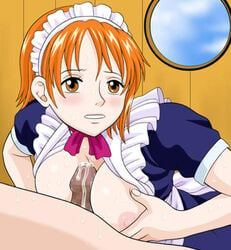 1boy 1girls blush breasts censored female human maid male nami one_piece paizuri penis pre-timeskip short_hair straight straight_hair topless