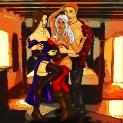 alistair_theirin breasts color dalish_elf dragon_age dragon_age_origins elf female grey_warden isabela_(dragon_age) lyna_mahariel male male_human/female_elf pirate threesome