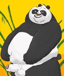 1boy anthro balls belly chubby dreamworks erection furry giant_panda humanoid_penis kung_fu_panda li_shan looking_at_viewer male male_only obese panda penis potatovodka precum simple_background smile solo