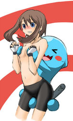 >_< 1girls alternate_version_available ambiguous_gender blue_eyes blush breast_grab breasts brown_hair clinging clothed clothes clothing color crotch_grab duo female female/ambiguous feral fondling front_view gloves grabbing_from_behind grope hair hand_on_breast headwear heart heart-shaped_pupils human interspecies larger_female living_tail looking_back mammal masakitchin may_(pokemon) nintendo no_bandana pants_down partially_clothed pokémon_(species) poképhilia pokemon pokemon_gsc pokemon_rse pokephilia portrait pussy_juice simple_background size_difference smile sweat tagme teenager three-quarter_portrait topless video_games white_background wobbuffet young