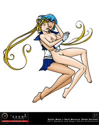 2girls ami_mizuno bishoujo_senshi_sailor_moon blonde_hair blue_hair clothing female female_only human multiple_females multiple_girls nude sailor_mercury sailor_moon skirt small_breasts trdl usagi_tsukino yuri