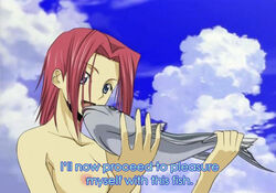 blue_eyes breasts code_geass english female fish kallen_stadtfeld large_breasts meme nude open_mouth outdoors parody red_hair short_hair