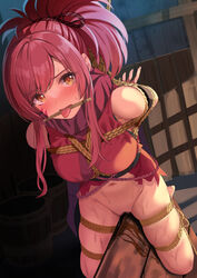 arms_behind_back bangs blush bondage bottomless bound bound_arms bound_legs breasts censored commentary_request eyebrows_visible_through_hair female female_only femsub frogtie full_body gag gagged highres idolmaster idolmaster_shiny_colors indoors japanese_clothes kimono koukoku long_hair looking_at_viewer medium_breasts mosaic_censoring navel ninja oosaki_amana pussy_juice red_hair red_kimono red_scarf rope scarf sleeveless sleeveless_kimono solo sweat swept_bangs tongue tongue_bondage tongue_forced_out tongue_gag torn_clothes torn_kimono torture wooden_horse yellow_eyes