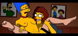 20th_century_studios accurate_art_style breasts color female female_only front_view human indoors marge_simpson maude_flanders multiple_females multiple_girls nipples sitting tagme the_simpsons yellow_body yellow_skin yuri