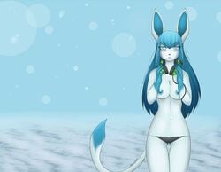 adiago anthro blue_hair breasts color day female female_only front_view fur furry glaceon hair headphones ice nipples outdoors pokemon solo standing tagme topless