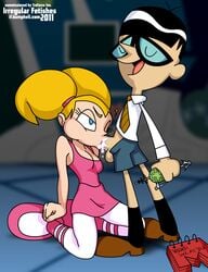 cartoon_network cleavage cum cum_in_mouth dee_dee_(dexter's_laboratory) dexter's_laboratory fellatio female human irregular_fetishes male mandark oral penis straight testicles thighhighs