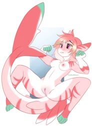 anthro breasts female fins fish lying marine nipples on_back pink_eyes shark small_breasts spread_legs spreading stripes theredghost transparent_background