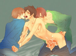 3boys anal anal_penetration anal_sex antonio_fernandez_carriedo axis_powers_hetalia clothed clothes cum cum_on_body cum_on_penis doggy_style doggystyle feliciano_vargas gay handjob italy_(hetalia) kissing lovino_vargas male male/male male_only penetration romano_(hetalia) spain_(hetalia)