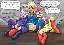 anthro apple_bloom_(mlp) applejack_(mlp) bondage collar cosplaydrugs depowered equine female forced friendship_is_magic horse kryptonite mammal mind_control multiple_subs my_little_pony nipple_tweak nipples outfit pokies pony smooth_skin smudge_proof superherosweetie_belle_(mlp) supermare sweetie_belle_(mlp) sybian wet wet_pussy