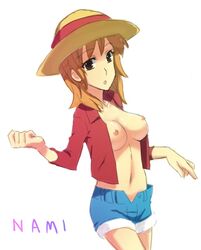 artist_request breasts crossplay female female_only monkey_d_luffy_(cosplay) nami one_piece pre-timeskip red_hair shorts tagme topless_cosplay white_background