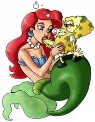 1boy 1girls ariel balls black_hole_sun breasts cleavage crossover disney erection female male mermaid nickelodeon nude penis seashell_bra small_breasts smooth_skin spongebob_squarepants spongebob_squarepants_(character) straight the_little_mermaid what white_background