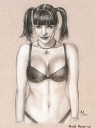 2009 abby_sciuto adam_braun black_hair bra clothes female front_view goth goth_girl hair human monochrome ncis nipples pauley_perrette resartus sheer solo source_request tied_hair twintails