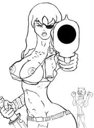 big_breasts breasts cameltoe cleavage dr._satan gun heart_eyes holster knife midriff monochrome nipple_slip nipples sketch suzi-x the_haunted_world_of_el_superbeasto wardrobe_malfunction