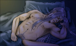 1boy 2005 abs bedroom body_hair closed_eyes commission final_fantasy final_fantasy_vii inside long_hair male male_focus male_only muscular muscular_male naked nipples nude on_back on_bed pubic_hair requiem sephiroth silver_hair sleeping solo solo_focus spread_legs treasure_trail