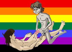 2boys artist_request avalanche_(x-men) brown_hair dark_brown_hair erection gay gay_pride holding_penis lance_alvers male male_only marvel marvel_comics multiple_males multiple_penises nude penis_size_difference penises_touching rainbow_background straight_hair swordfight toad_(x-men) todd_tolansky x-men x-men_evolution yaoi