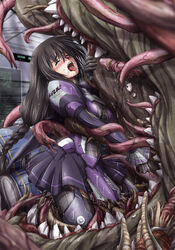 black_hair blush closed_eyes clothed_sex clothing cum cum_inside faith faith_(sbi) fangs female interspecies long_hair monster open_mouth penetration phantasy_star phantasy_star_online phantasy_star_online_2 rape restrained saliva size_difference skirt spread_legs tears tentacle tentacles_under_clothes tongue tongue_out vore