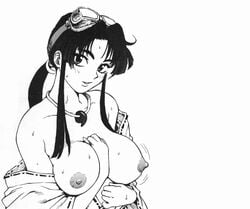 areolae bare_shoulders between_breasts bottomless breasts cleavage collar collarbone erect_nipples female goggles goggles_on_head hand_between_breasts hanging_breasts huge_breasts japanese_clothes jewelry kimono long_hair magatama monochrome necklace nipples no_bra open_clothes open_kimono open_shirt psikyo sengoku_ace sengoku_ace_episode_ii sengoku_blade sengoku_cannon smile solo sweat sweatdrop togashi_koyori topless undressing wafuku yukata