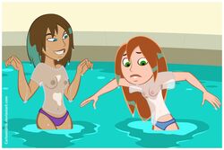 2girls bonnie_rockwaller brown_hair cartoongirls disney disney_channel female female_only ginger green_eyes human kim_possible kimberly_ann_possible light-skinned_female multiple_females multiple_girls nipples straight_hair tagme tan-skinned_female teal_eyes wet_t-shirt white_female