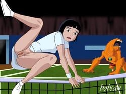 1girls ben_10 ben_10_alien_force ben_tennyson black_hair bobsan bottomless female female_focus julie_yamamoto no_panties orange_fur orange_skin outdoors public pussy skirt tagme tennis tennis_court tennis_uniform upskirt white_skirt wildmutt