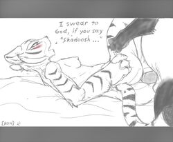 1boy 1girls ass bed blush breasts interspecies koh kung_fu_panda master_po_ping master_tigress monochrome nipples panda partially_colored penis sex sketch tail tiger