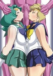 bishoujo_senshi_sailor_moon blonde_hair censored choker clothing earrings erect_nipples erect_nipples_under_clothes green_hair haruka_tenou hikawadou large_breasts long_hair michiru_kaiou oral_sex sailor_neptune sailor_uranus school_uniform short_hair skirt tagme threesome tiara