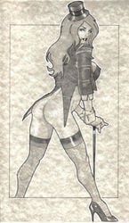 black_and_white bottomless cane dc fishnets high_heels jaiden_lourde legs looking_at_viewer looking_back monochrome pencil_(artwork) smooth_skin tagme tailcoat top_hat zatanna