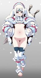 1girls aqua_eyes aqua_hair armor bad_pixiv_id barefoot blue_eyes bottomless capcom cold flat_chest fur groin hands_on_hips hunter_(monster_hunter) lagombi_(armor) monster_hunter monster_hunter_portable_3rd navel nipples pussy snow solo source_request tagme thighhighs towashibuki white_hair