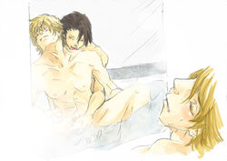 2boys barnaby_brooks_jr. bathing bathtub gay kotetsu_t._kaburagi male male_only mirror reflection shared_bathing steam_censor tiger_and_bunny wild_tiger yaoi