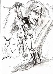 bondage cavewoman crossover monochrome nipples sheena sheena_queen_of_the_jungle silvano_calligari tagme vampirella