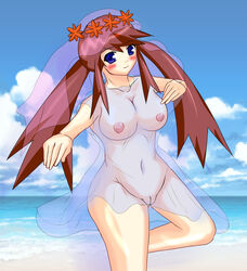 big_breasts blush breasts clothes color day female female_only fleura_(pokemon) front_view human melody_(pokemon) nipples on_one_foot outdoors pokemon solo standing water