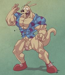 1boy anthro anthrofied balls bottomless flaccid foreskin glans male male_only muscular muscular_male nickelodeon partially_retracted_foreskin rocko rocko's_modern_life shirt shoes tagme uncut veiny_penis wallaby