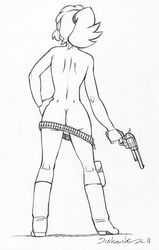 1girls ass casual eva_sirkowski female female_only firearm footwear gun handgun handwear headwear human miss_dynamite monochrome revolver sirkowski solo tagme traditional_art weapon webcomic