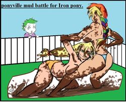 applejack_(mlp) female friendship_is_magic human humanized male mud mud_wrestling multiple_females my_little_pony rainbow_dash_(mlp) smooth_skin spike_(mlp) wrestling