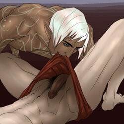 biting dragon_age_2 duo elf fenris_(dragon_age) gay genitals hawke light_skin male male_only monochrome multiple_males penis pubic_hair smile tagme tattoo teeth undressing video_games white_hair yaoi