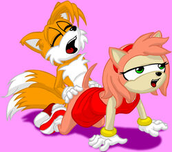 all_fours ambiguous_penetration amy_rose anthro boots canine clothes color female fox fur furry furry_only furry_tail gloves hedgehog interspecies lahsparkster male multiple_tails pink_background sex simple_background sonic_(series) straight tail tails uncensored